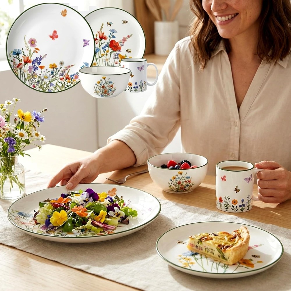 16 Pcs Wildflower Ceramic Dinnerware Set for 4 Guest Floral Dish Set Spring