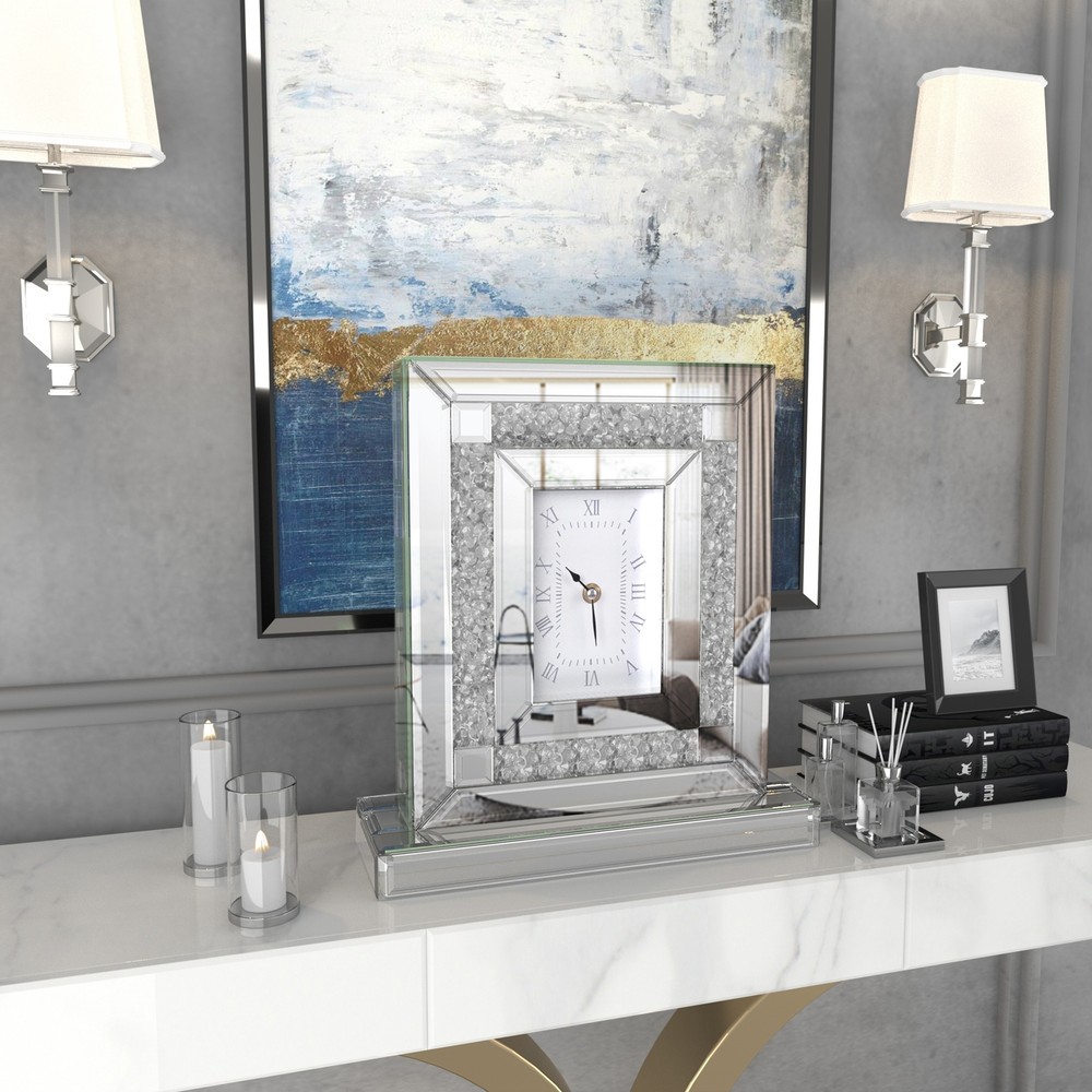 WISFOR 30cm Crushed Diamond Mirrored Desk Clock Decorative Table Clock Silver