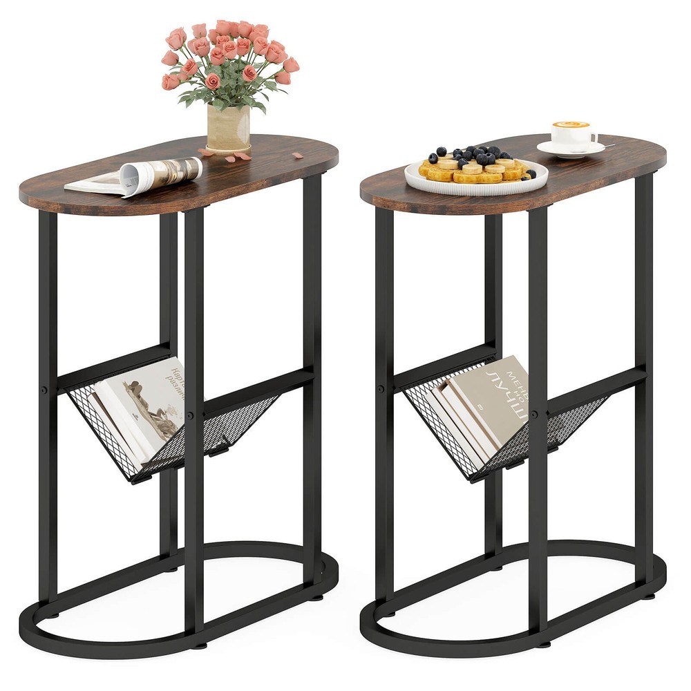 2 PCS Industrial Side Table End Coffee Table Compact Nightstand with Mesh Shelf