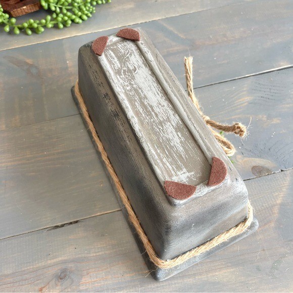 Eclectic Revival Upcycled Hand Painted Rectangular Planter Grey Twine & Greenery