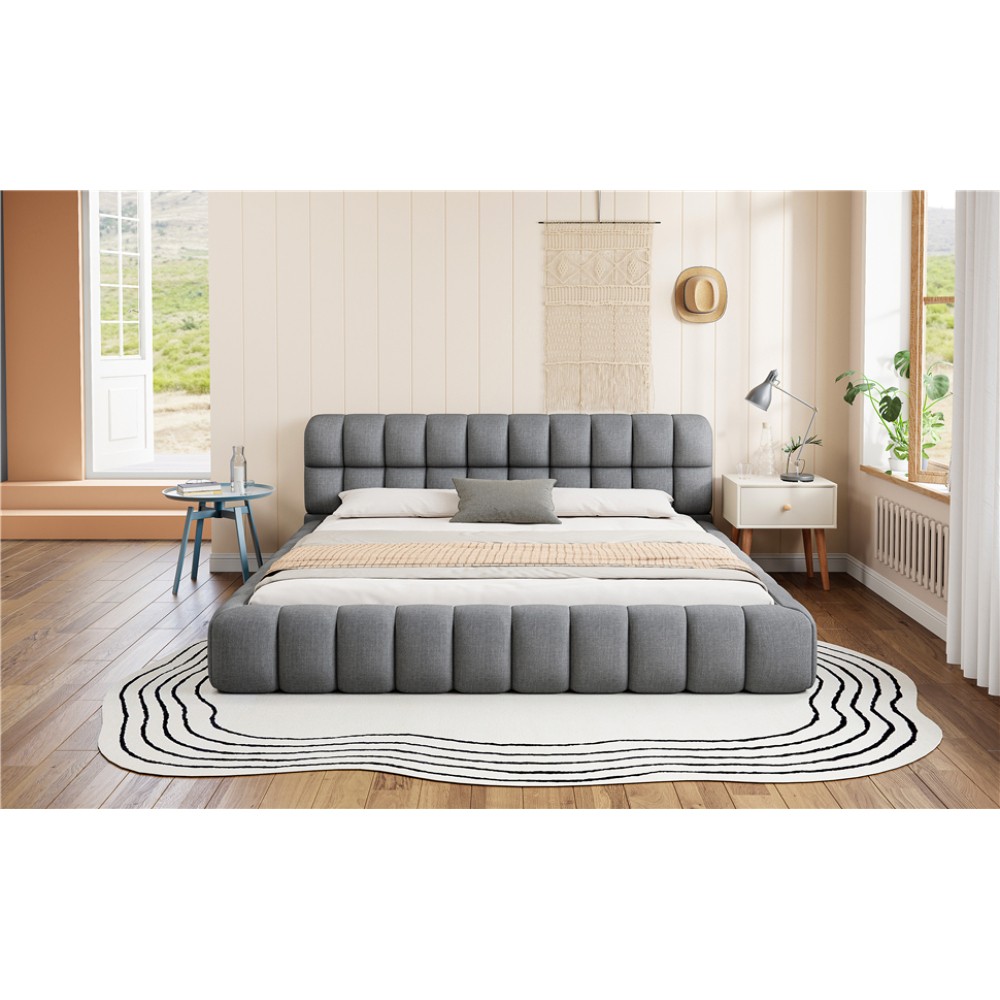 King Upholstered Platform Bed w/ Solid Wood Frame, Gray Linen, 2000lbs Support