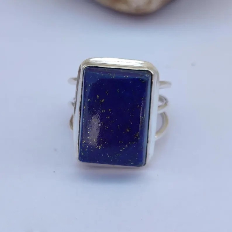 Solid 925 Sterling Silver Natural Lapis Lazuli Square Gemstone Triple Band Ring