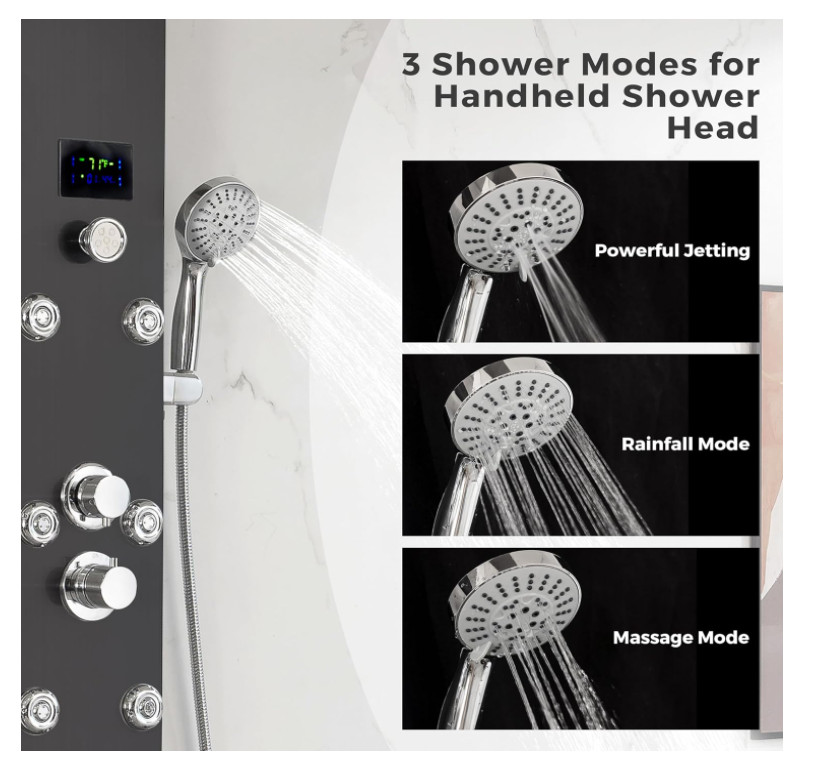 Black LED 5in1 Rainfall Shower Panel System Set W/Massage Jet&Fahrenheit Display