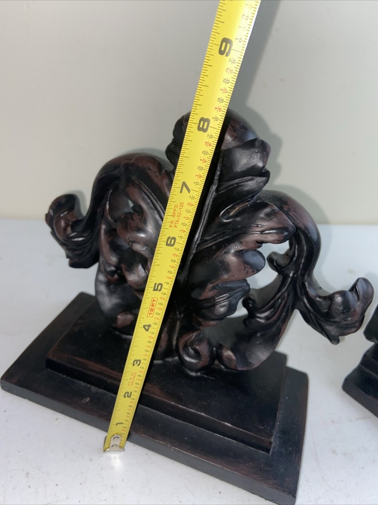Pair Floral Scroll Carved Resin Bookends Dark Brown/Black 9”x8” Solid Decor