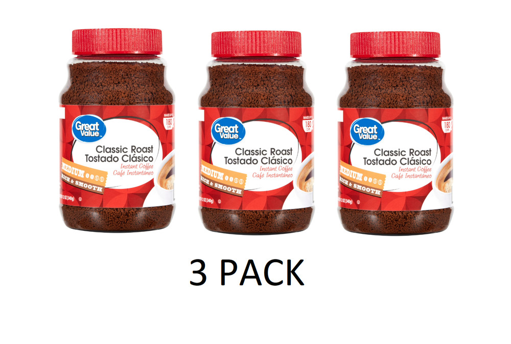 3 PACK  Great Value Classic Medium Roast Instant Coffee, 12 oz