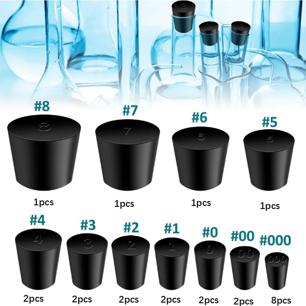 24Pcs Solid Rubber Stoppers 000# - 8# Tapered Lab Bungs 24pcs, Black