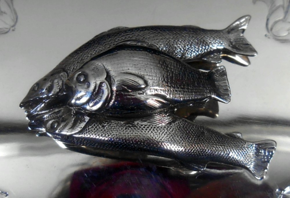 A solid silver sardine serving receptacle, with cast silver fish, Boston, Mass c