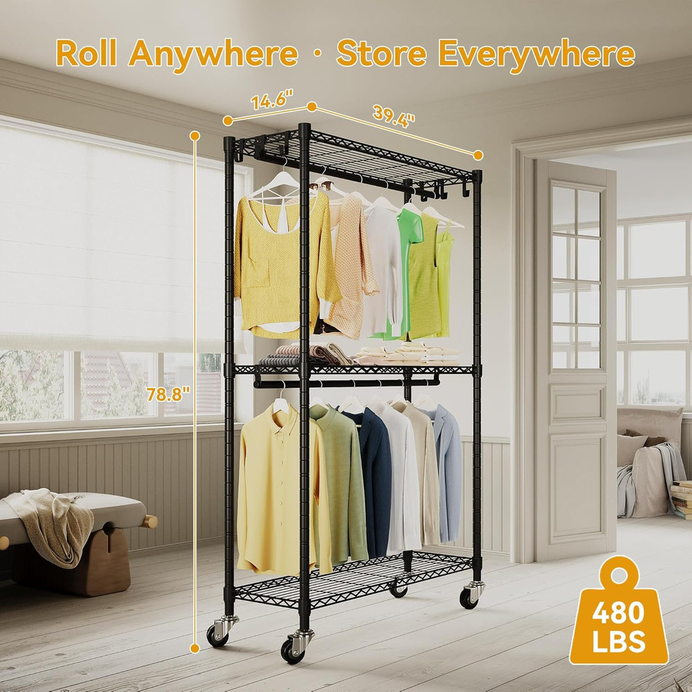 Heavy Duty Rolling Garment Rack, 480 LBS Capacity, Adjustable Shelves, Black