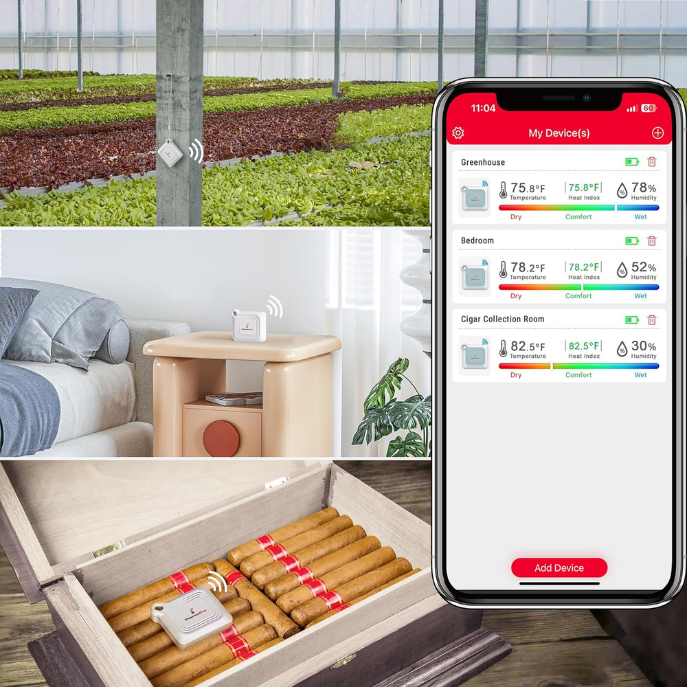 Bluetooth Thermometer Hygrometer, 260FT Range Temperature Sensor Greenhouse Ther