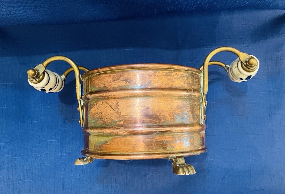 Antique Copper Planter With Ceramic Handles