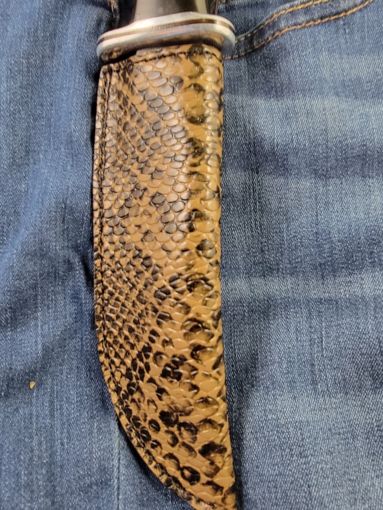 Buck Knives 119 Sheath Right Pull Authentic FAUX SAND BROWN PYTHON SKIN leather