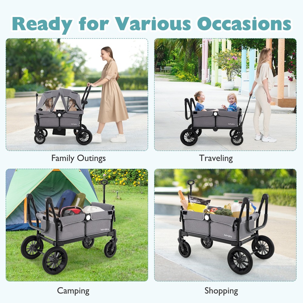 Wagon Stroller for 2 Kids Push Pull Double Stroller w/ Adjustable Handle