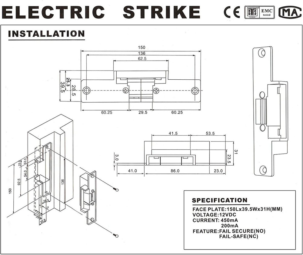 Electric Strike Door Lock Fail-Secure for Access Control System Deadlatches or C