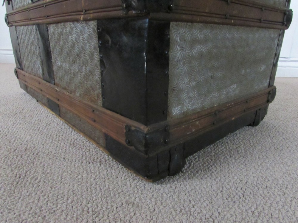 ANTIQUE DOME TOP STEAMER TRUNK, CHEST, EMBOSSED TIN
