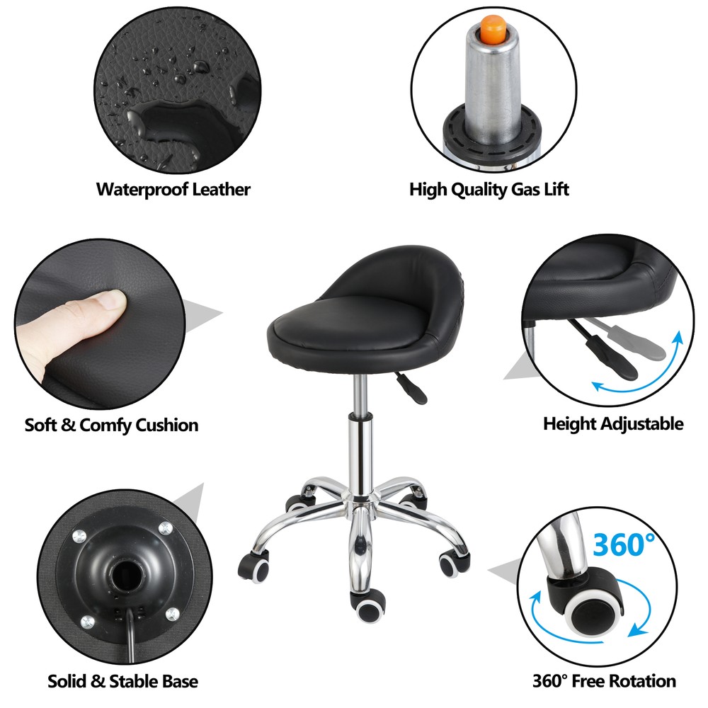 Rolling Stool Adjustable Height Hydraulic Swivel Salon Stool with Backrest Black