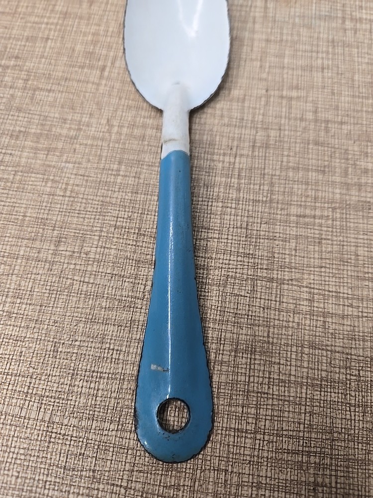 Vintage Enamel 8” & 6" Serving Spoons / Blue & White