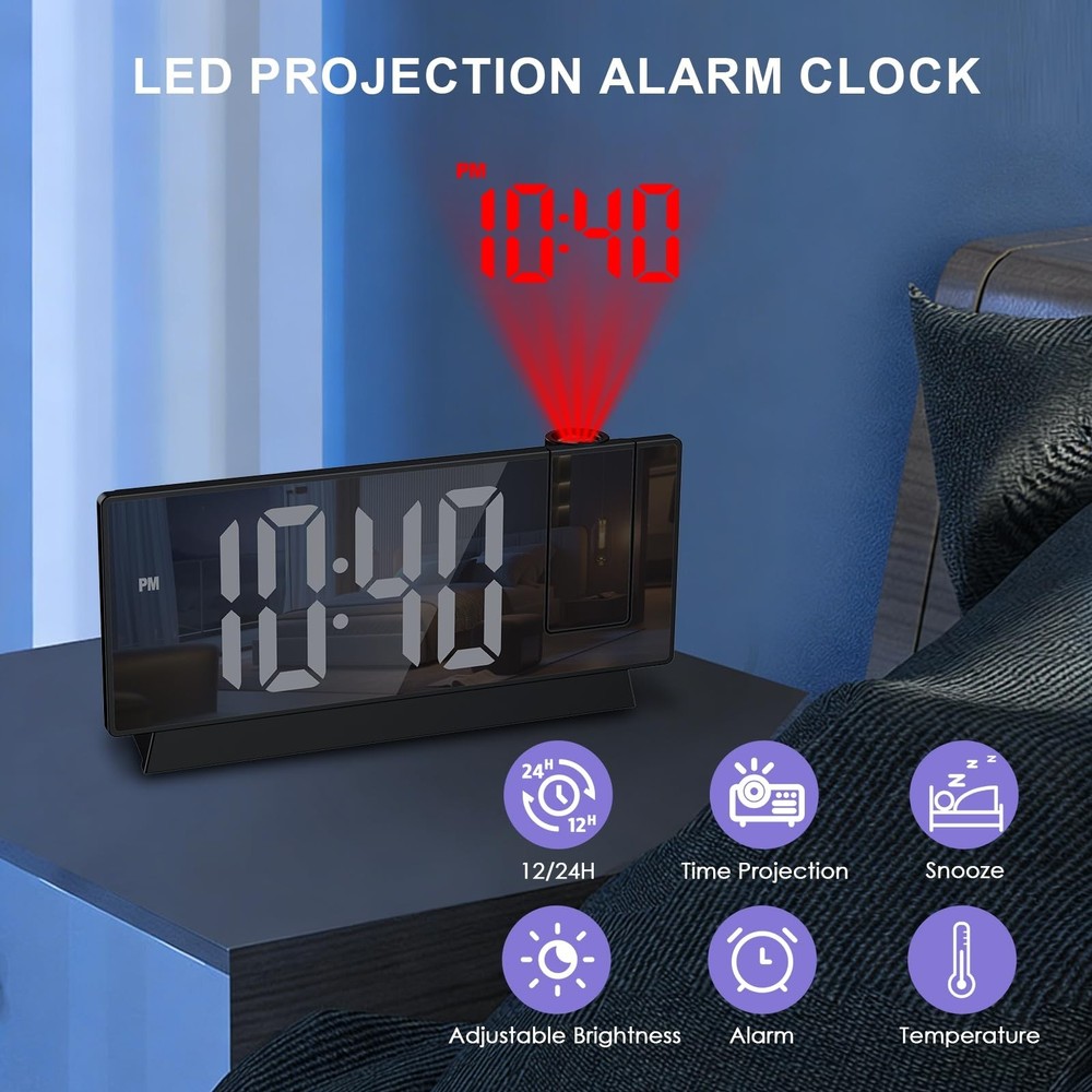 JXTZ Projection Alarm Clock, Large Screen Projector Clock for Bedroom Ceiling...