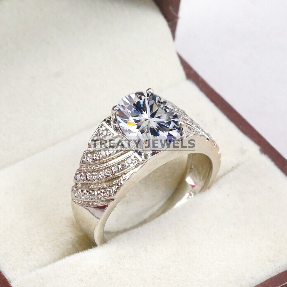 Moissanite Oval Cut Gemstone With 14K Solid White Gold Ring For Men's #B313