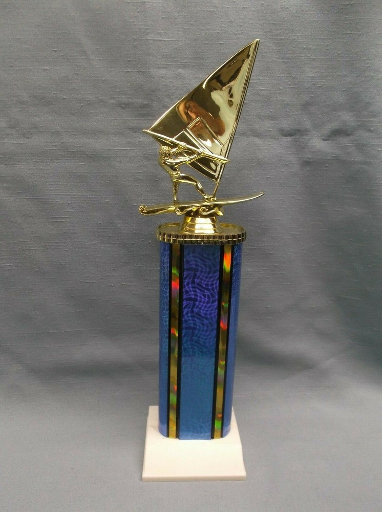 wind sail trophy  blue column weighted white base award