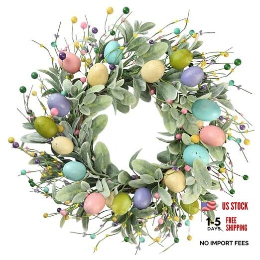 20 Inch Artificial Easter Wreath Spring Wreath with Colorful Eggs Berries