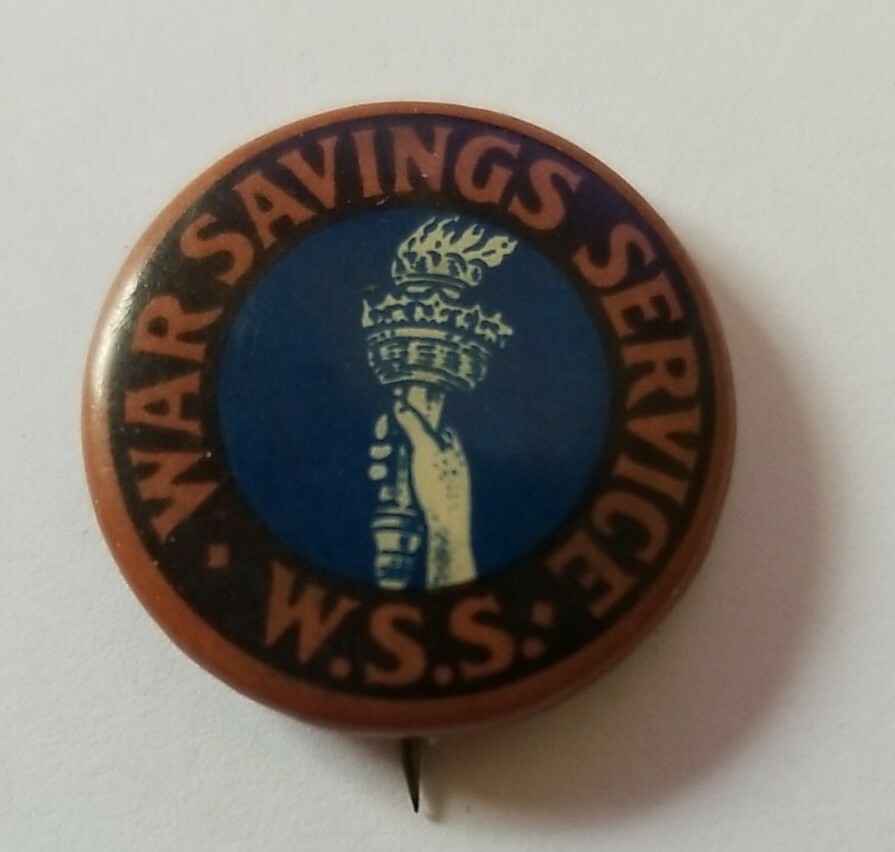 WAR SAVINGS SERVICE PIN BACK BUTTON,  W.S.S. HAND WITH TORCH