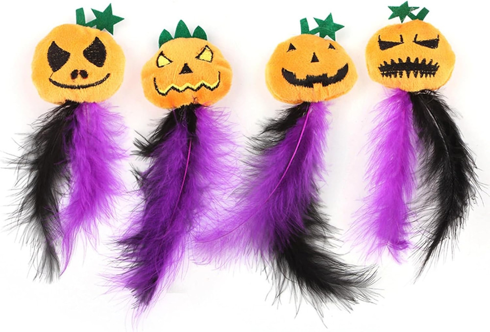 Pumpkin-Shaped Cat Toys 4-Pack with Feathers