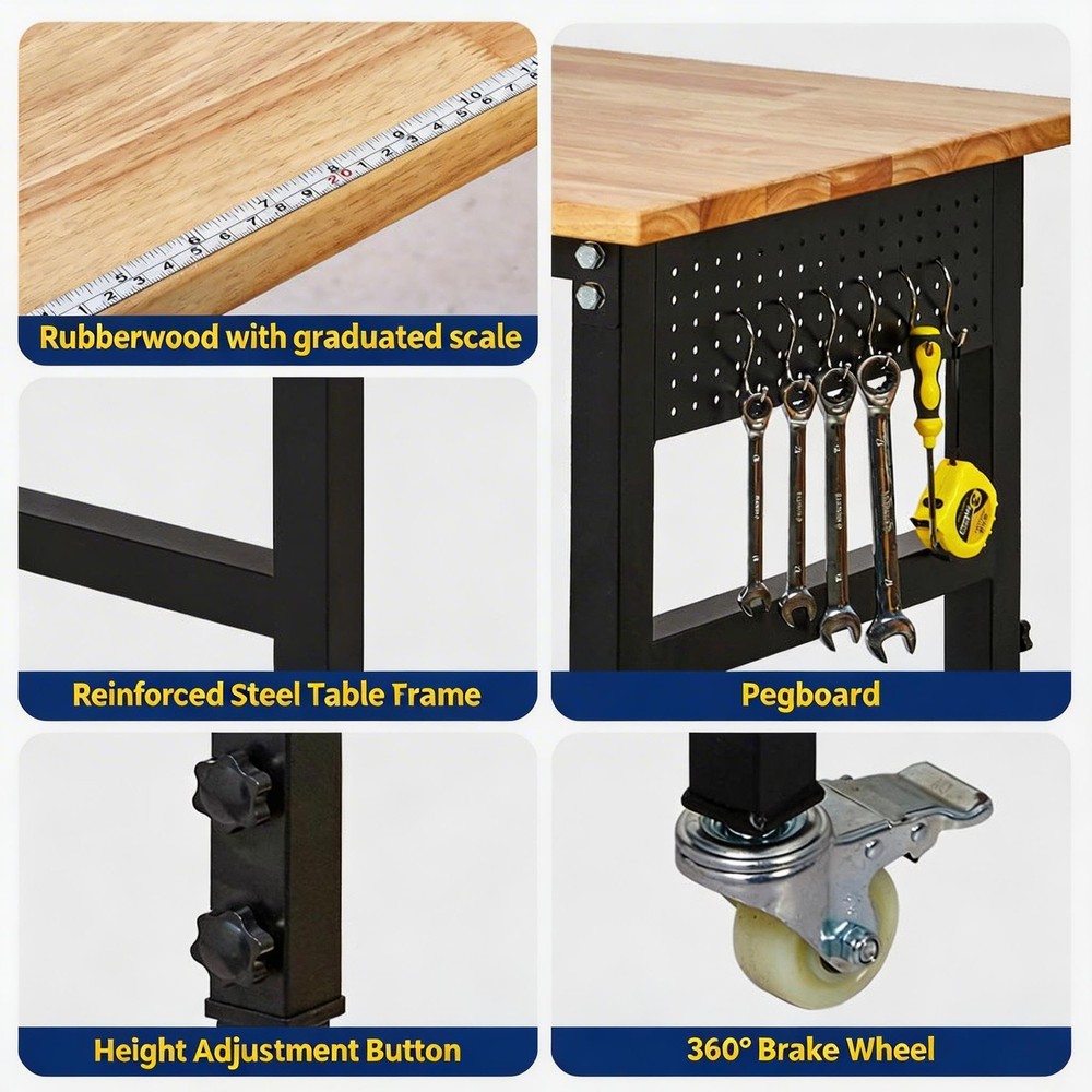 Adjustable Height Workbench 48"x24" Work Bench Table 2000Lbs with Pegboard Hooks