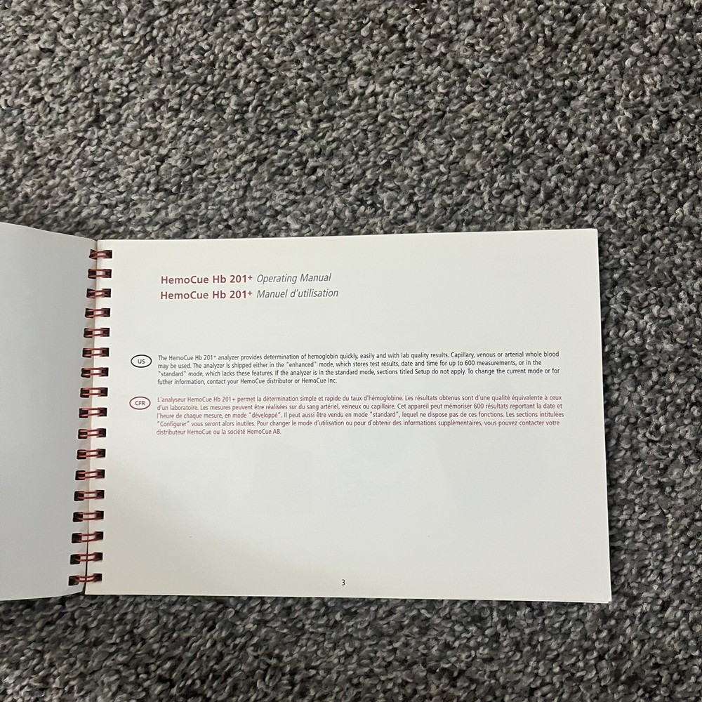 HEMOCUE HB 201+ Hemoglobin Analyzer Operating Manual Instructions Only