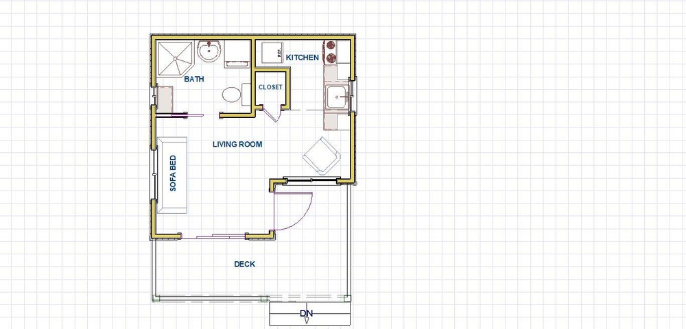 ADU Plans 228 square feet with front porch deck.