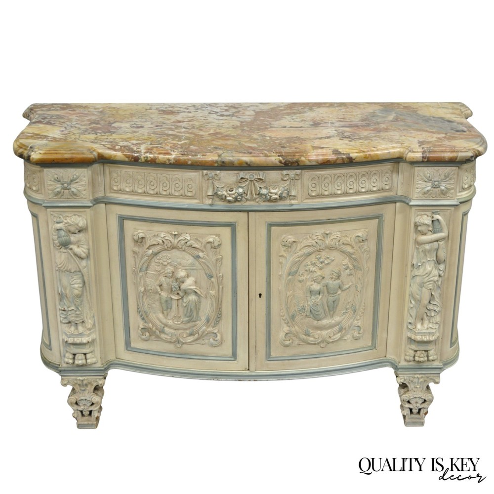 French Renaissance White Blue Painted Figural Carved Marble Top Buffet Commode