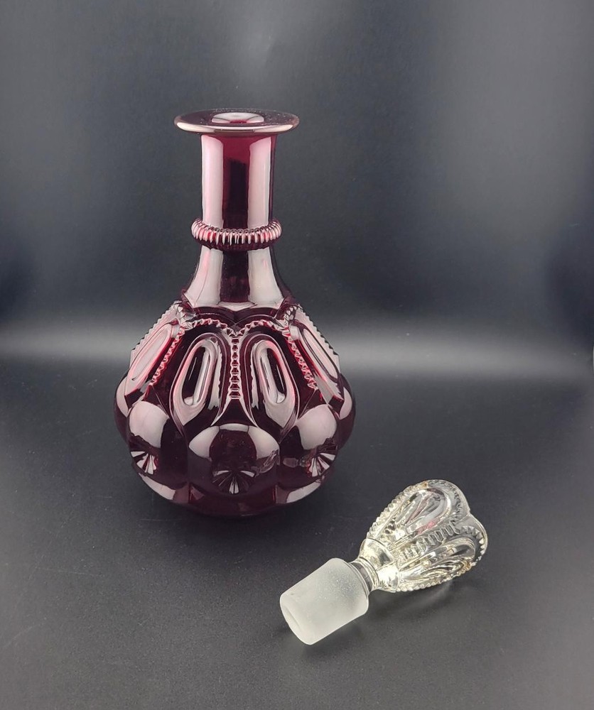 L E Smith Moon And Star Vintage Ruby Red Glass Decanter with Stopper