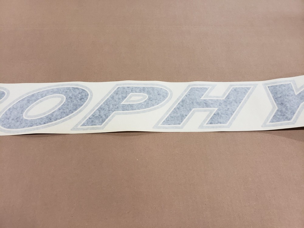 44” TROPHY SCRIPT DECAL OFF SHORE BLUE WITH SILVER TRIM