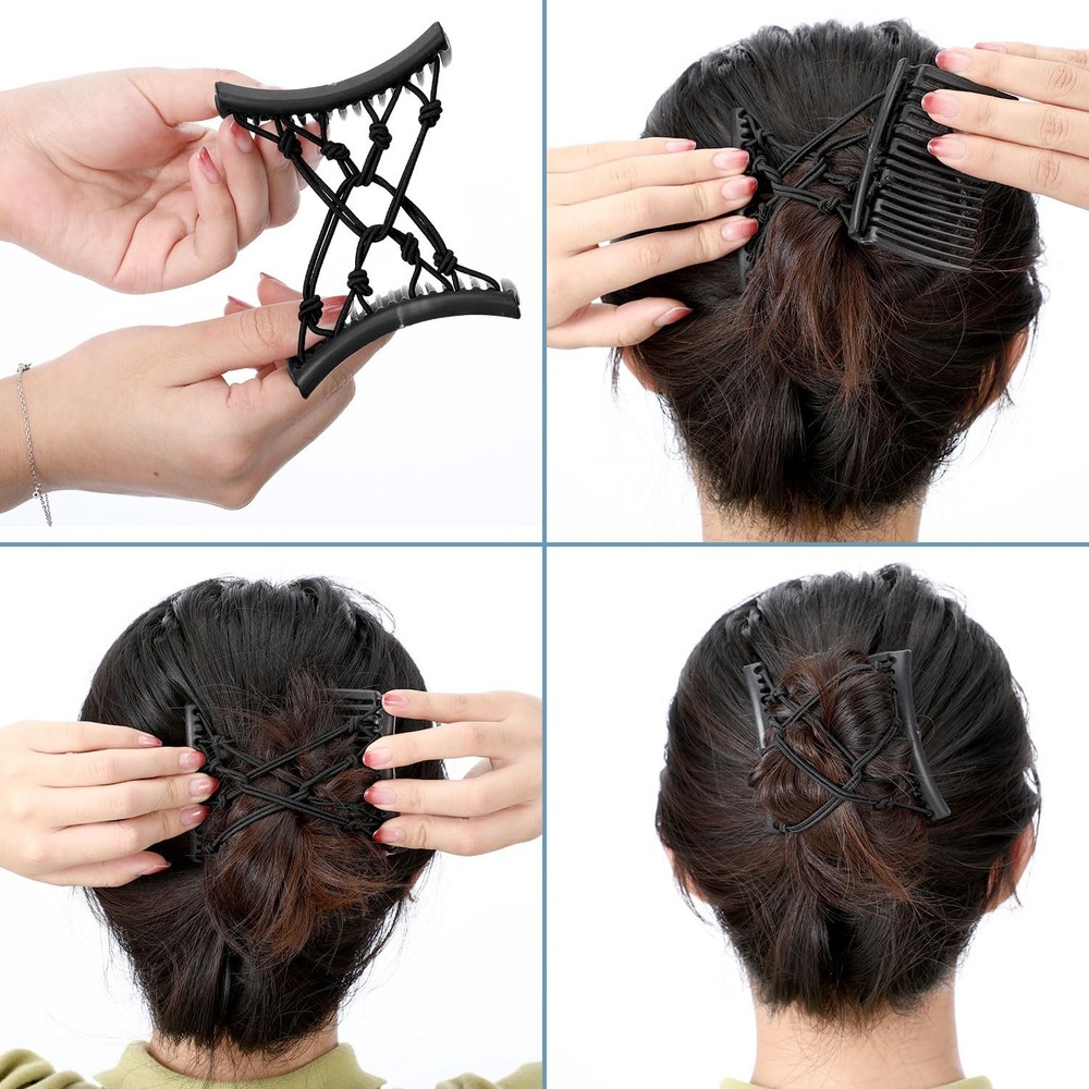 4 Pieces Stretchy Double Comb Adjustable Elastic Hair Large, Solid Black
