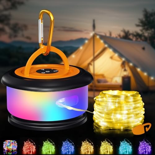 Camping String Lights, Retractable 32.8ft RGB Flash Lamp, 1 Black&Orange