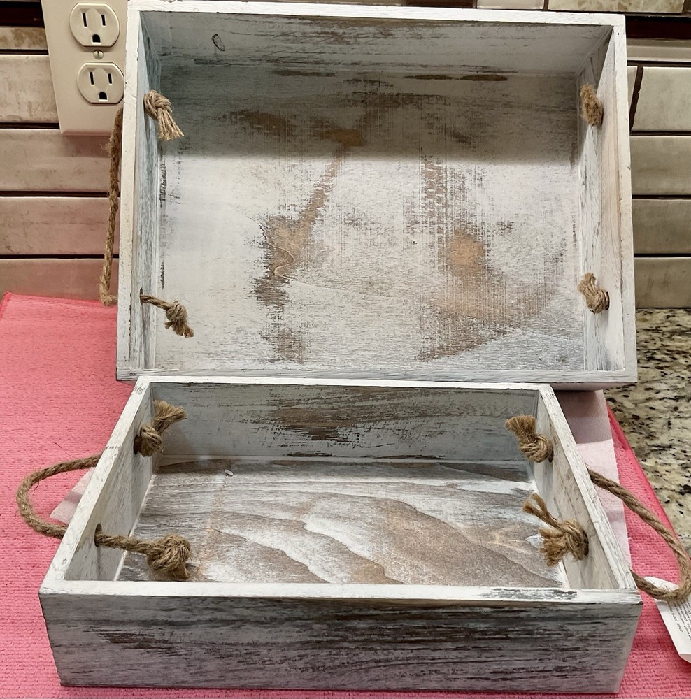 Set of 2 Whitewashed Wood Rectangular Boxes With Rope Handles