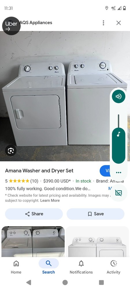 Amana washer and dryer set. Color, white