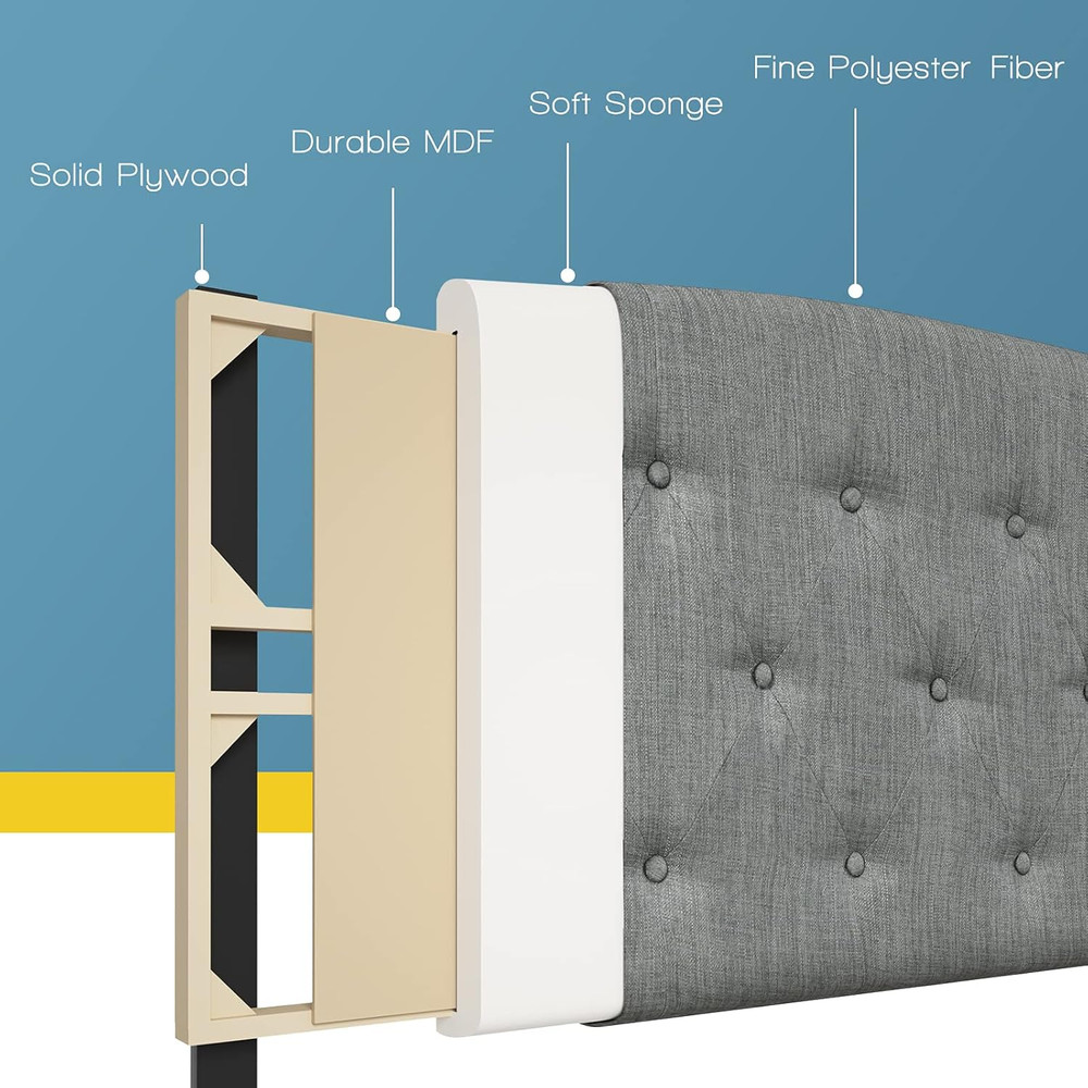 Modern Light Grey Upholstered Button Tufted Headboard, Adjustable Height, Full S