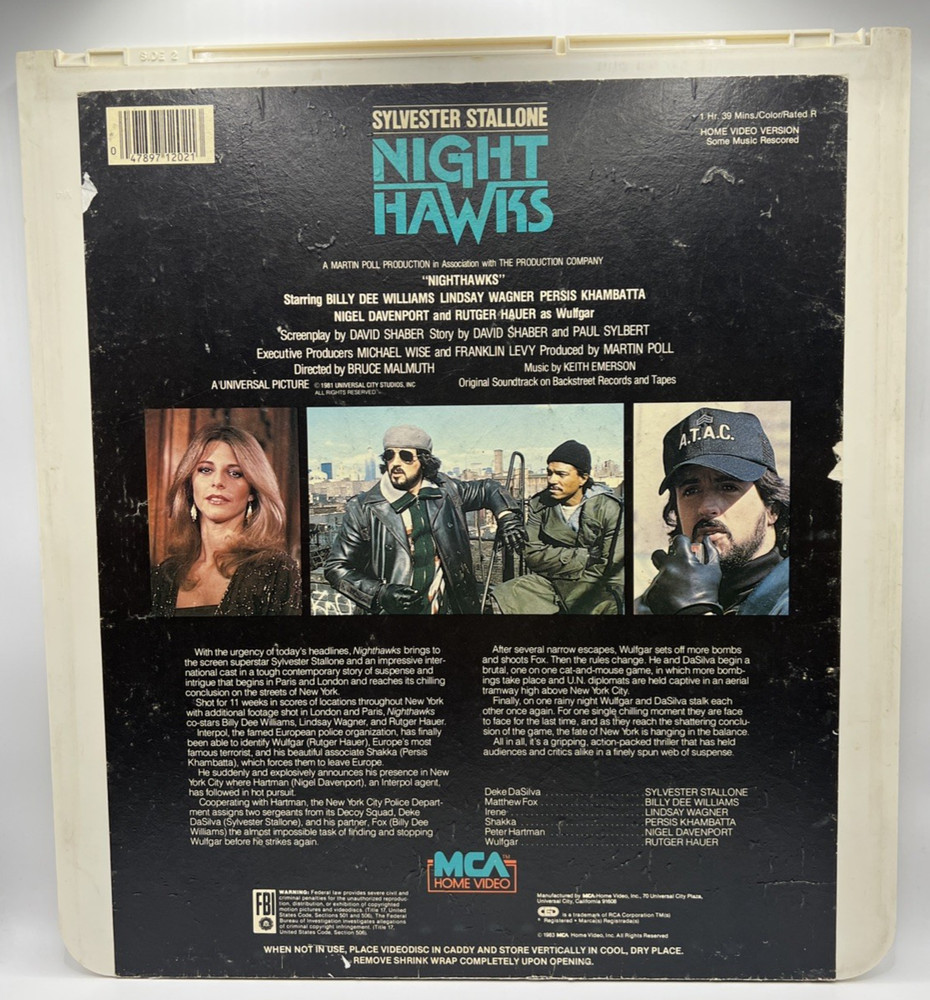 NIGHT HAWKS CED RCA SelectaVision VideoDisc Sylvester Stallone