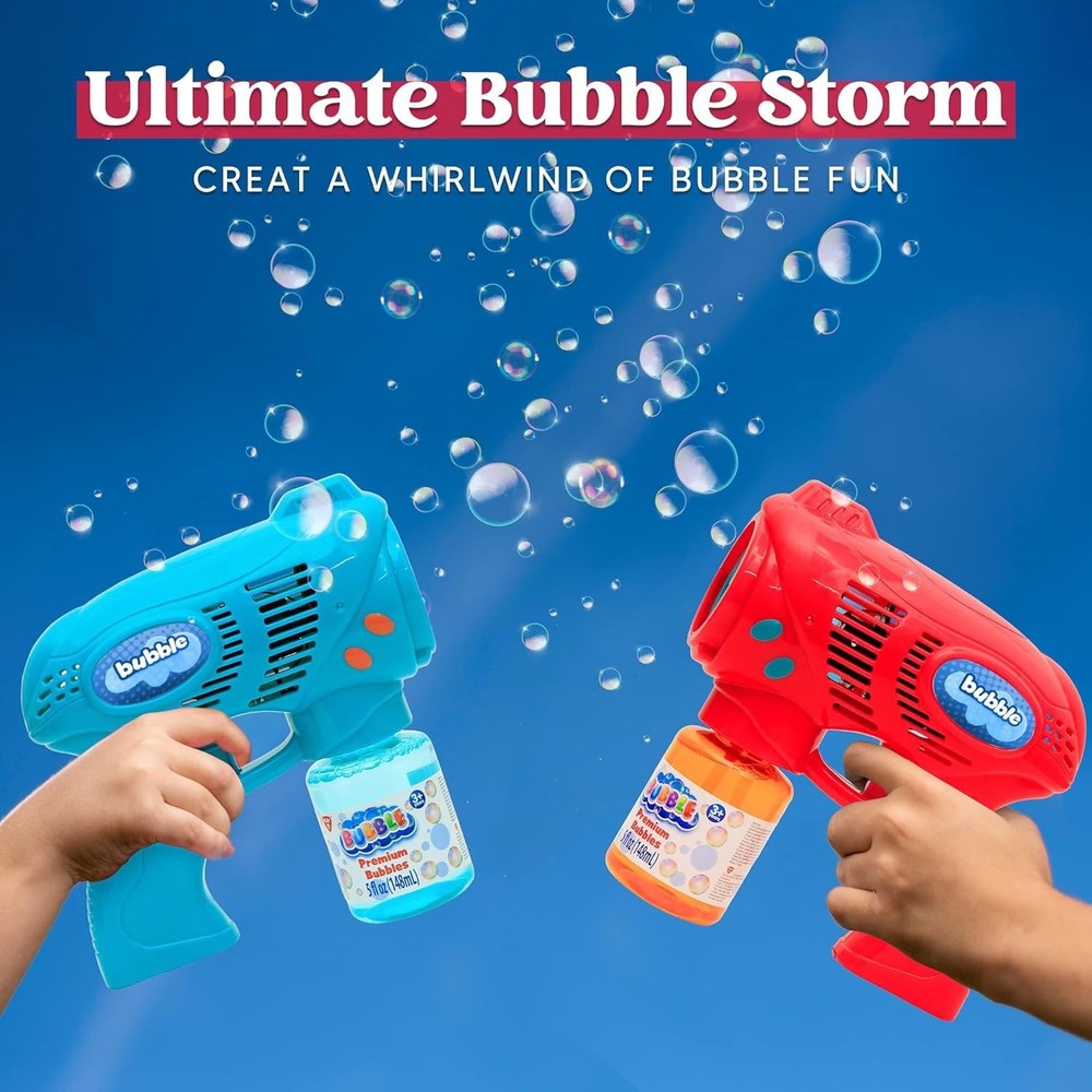 Kids Bubble Guns Set - 2 Blasters with 10 oz Safe Bubble Solution & Batteries
