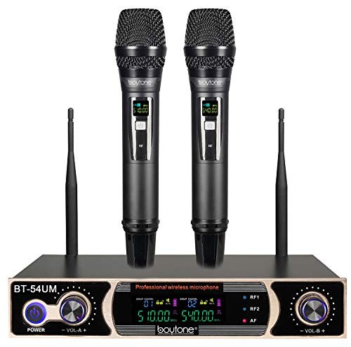 Dual Fixed Dynamic UHF Wireless Microphone System, Metal Microphone and Base,