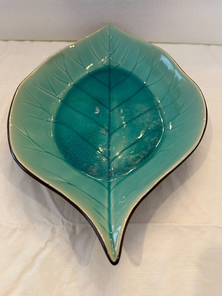 Large - Blue/Green Ceramic Leaf Platter - 16.75" x 10"