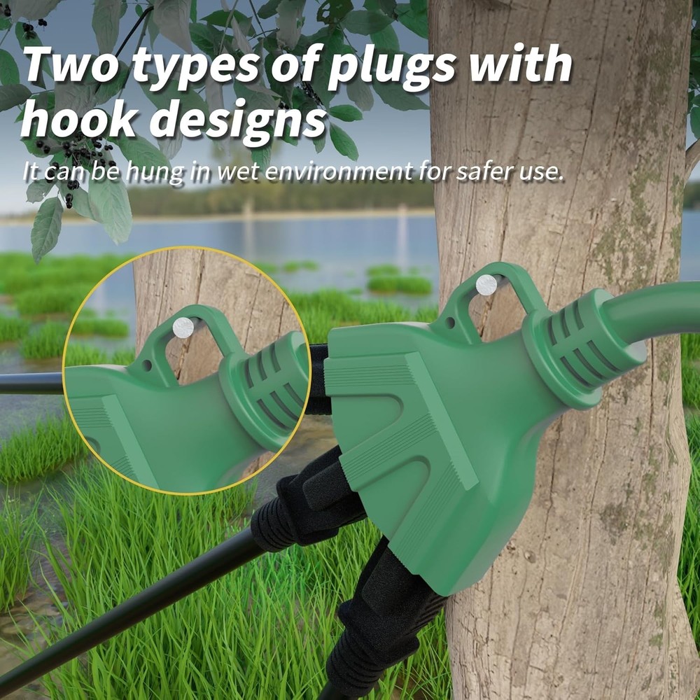 Weatherproof 10FT Green Extension Cord, 3 Multiple Outlets for Convenient Use