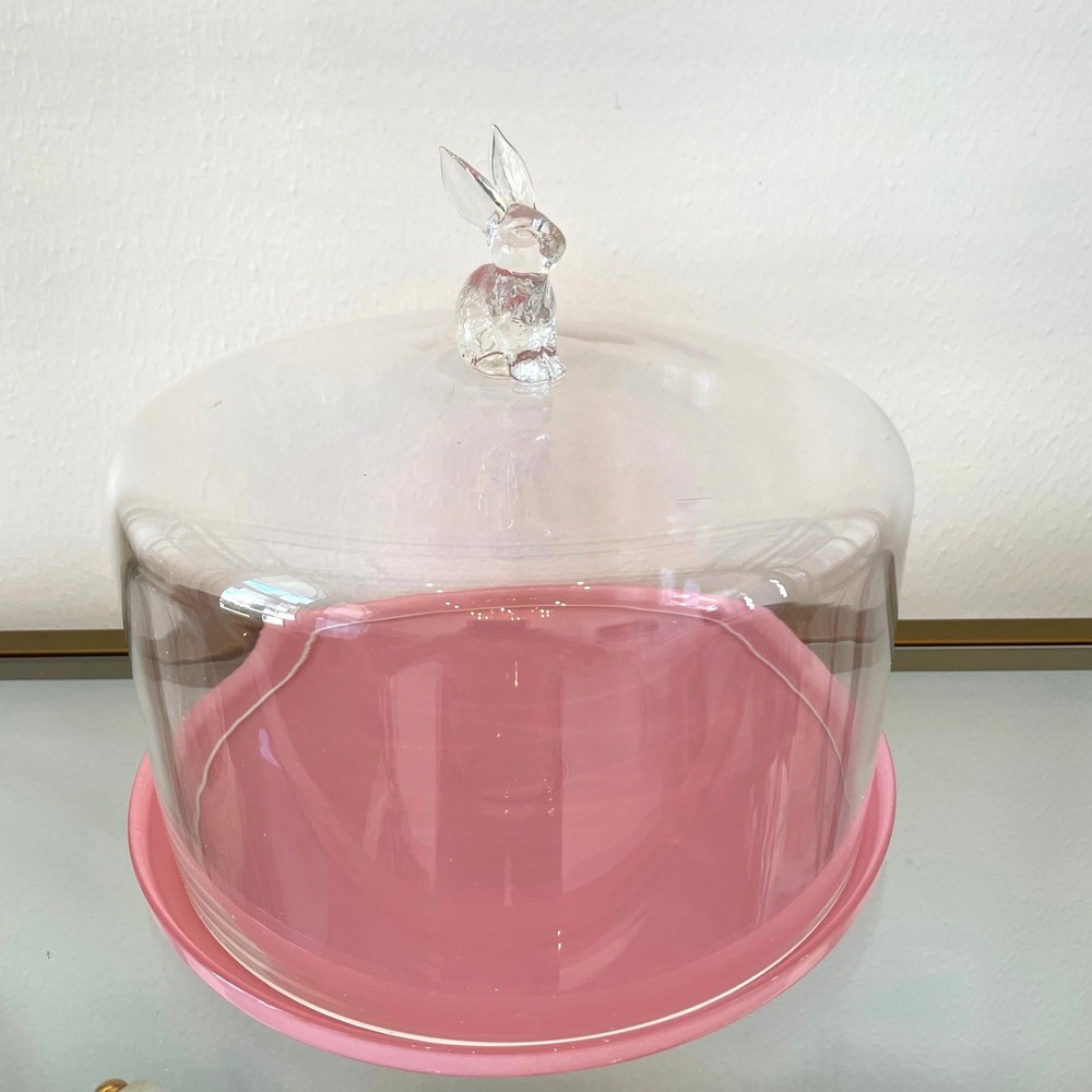 Pink Glass Bunny Cake Dome 11x12 Chic Easter Decor NEW