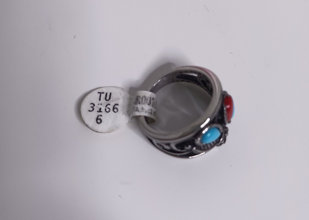 Southwest Turquoise And Coral Silvertone Ring Size 6