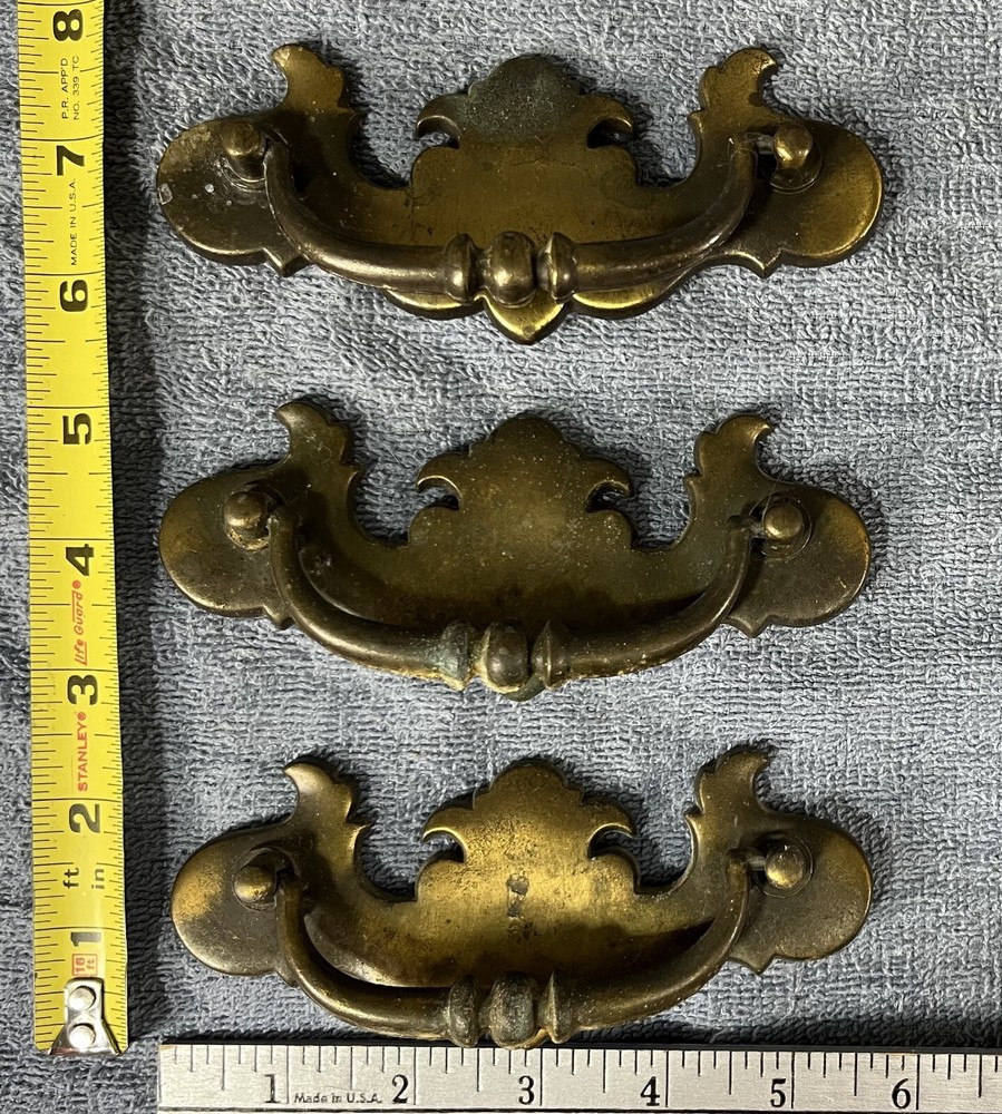 Vintage Drawer Handle Pulls - Large Drop Bail Pull Handles - Brass - Set of 3