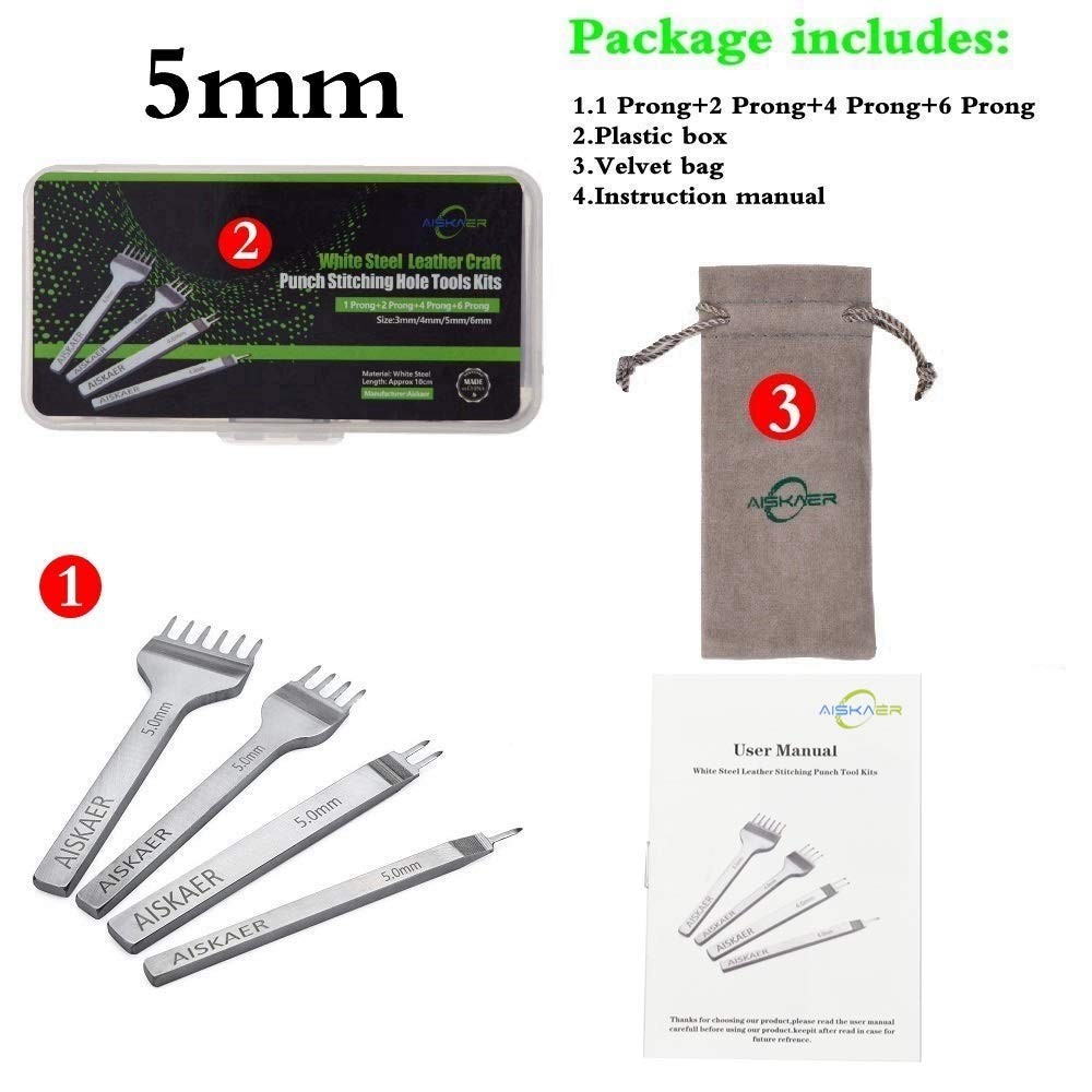 Aiskaer Leather Stitching Punch Set, Diamond Chisel Tools, 5mm 5mm, Silver