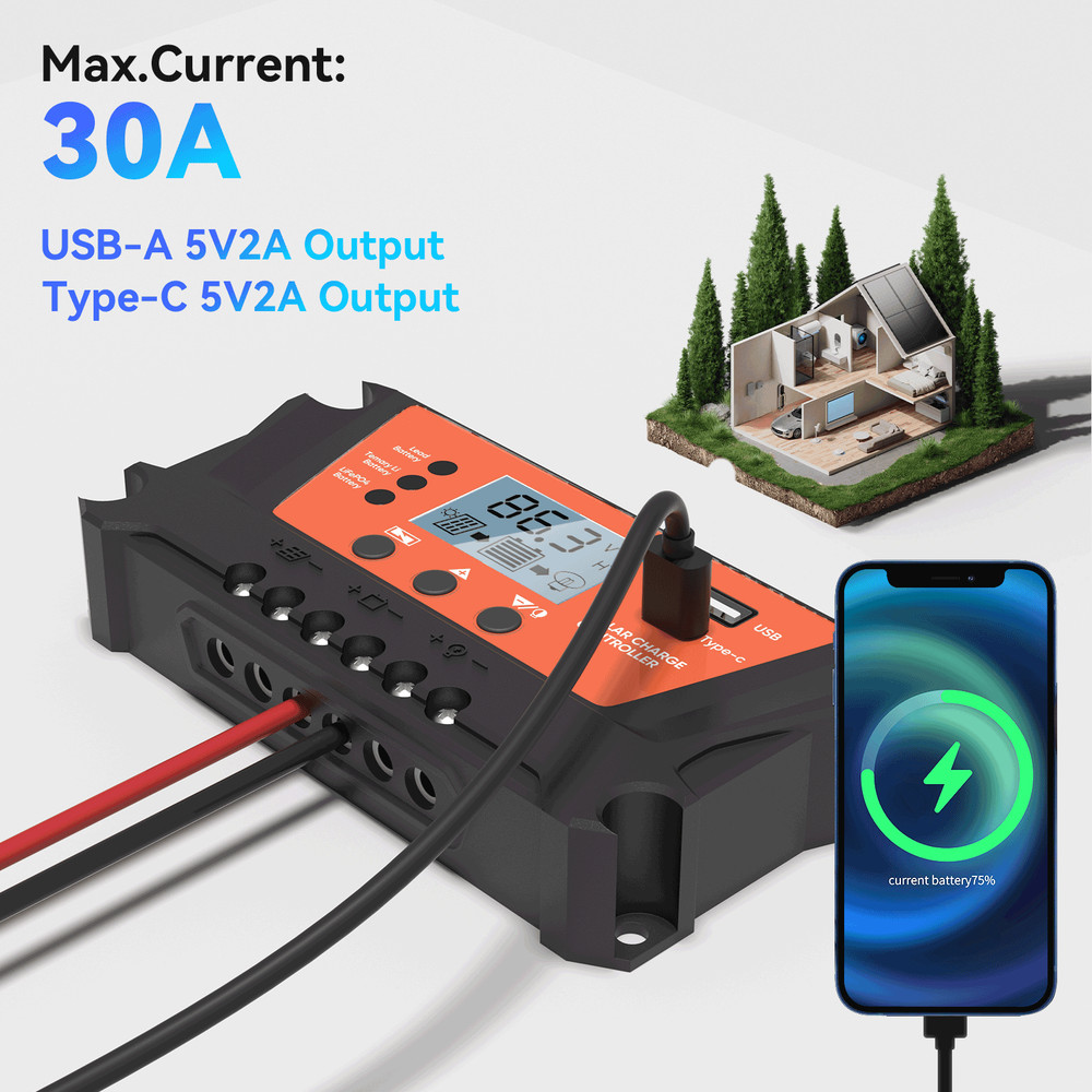 30 Solar Panel Battery Charge Controller 12V/24V USB Type-C Auto Regulator LCD