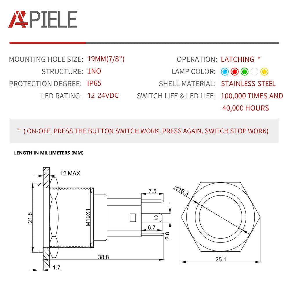 APIELE Rock Lights Switch, on off Rocker Toggle Push Button Switch SPST Stainles