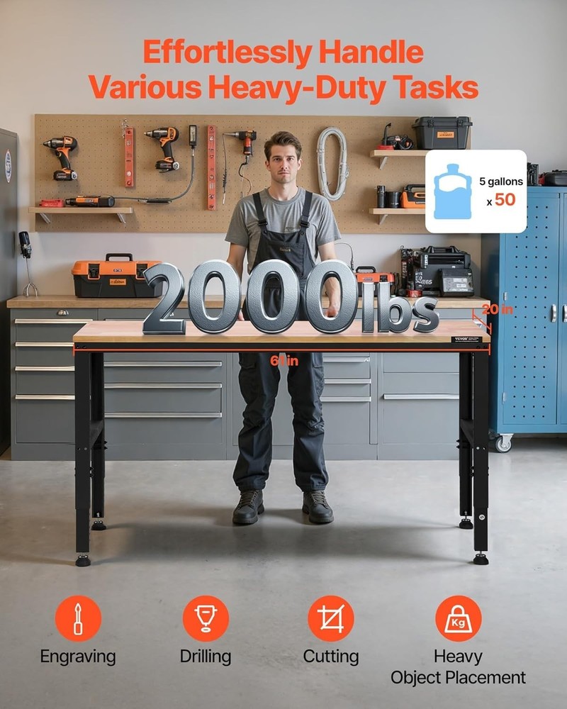 61" Heavy-Duty Adjustable Workbench - 2000 lbs Capacity & Power Outlets