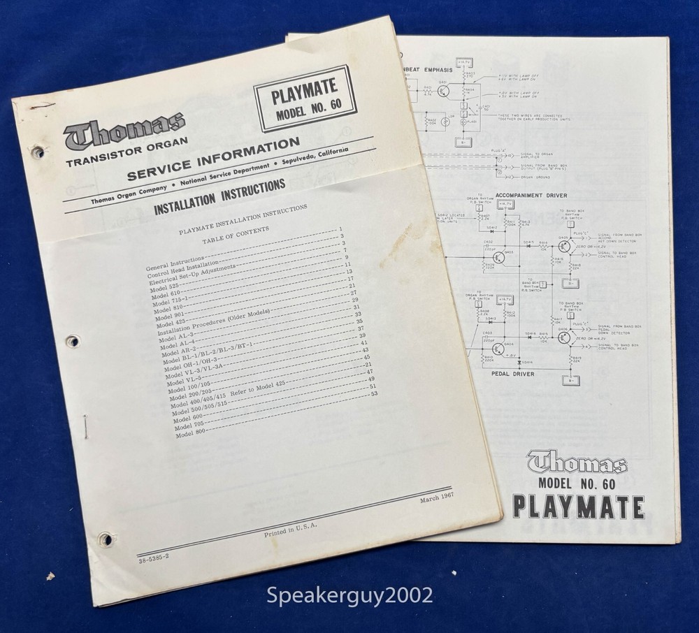 Original Thomas Organ Installation Manual & Schematics / Playmate 60 -- #2